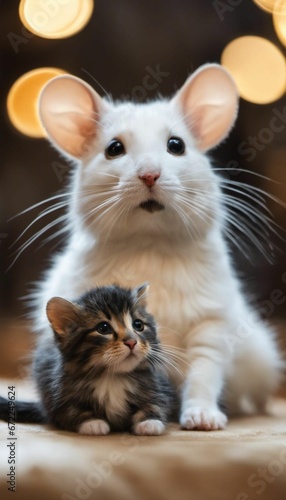 AI generated illustration of a tabby kitten and a white mouse © Wirestock