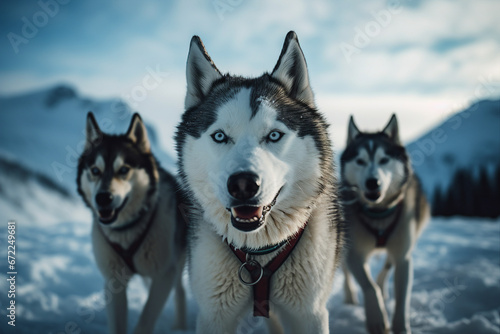 Generative AI of siberian husky dogs in harness climbing up down mountain resort christmas time