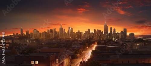 City Skyline with Urban Skyscrapers at golden Sunset view. AI generated image © saifur