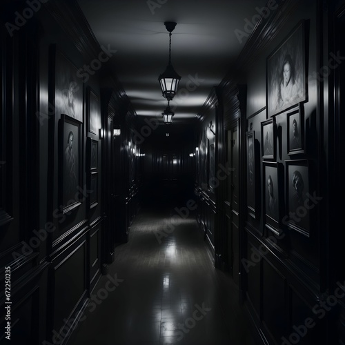 AI-generated illustration of An inviting hallway illuminated by a hanging light fixture featuring