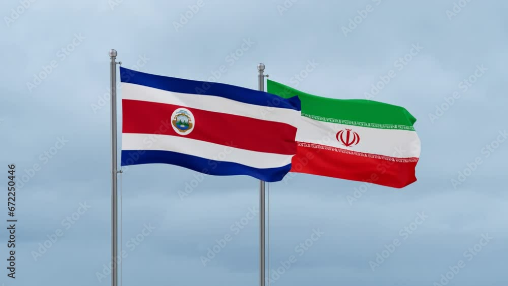 Iran flag and Costa Rico flag waving together on blue sky, looped video Iran flag and Costa Rico flag waving together on blue sky, looped video