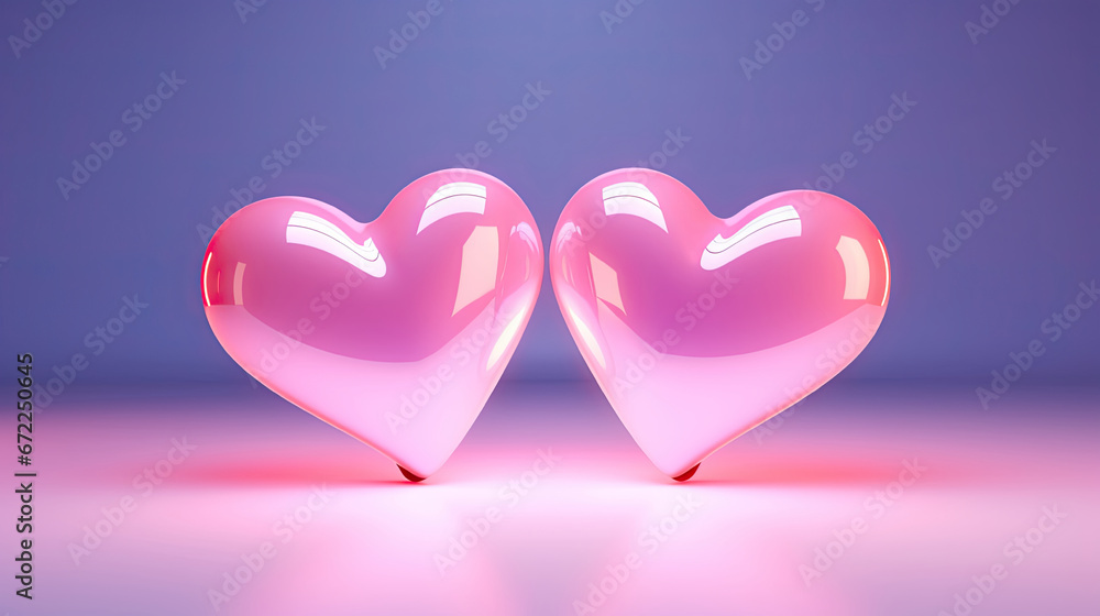  two shiny pink hearts on a pink surface with a blue background.  generative ai