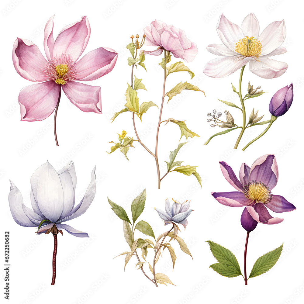 pink flowers, A botanical illustration of flower, petals, stamen and pistil on white background.