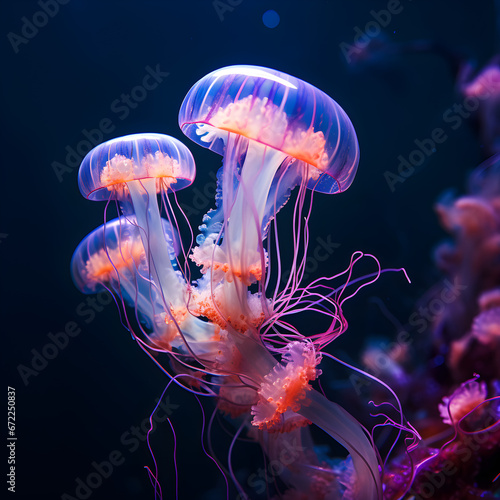 jelly fish in the water  Portrait of jellyfish macro Light  swimming colorful in blue sea ocean depth.