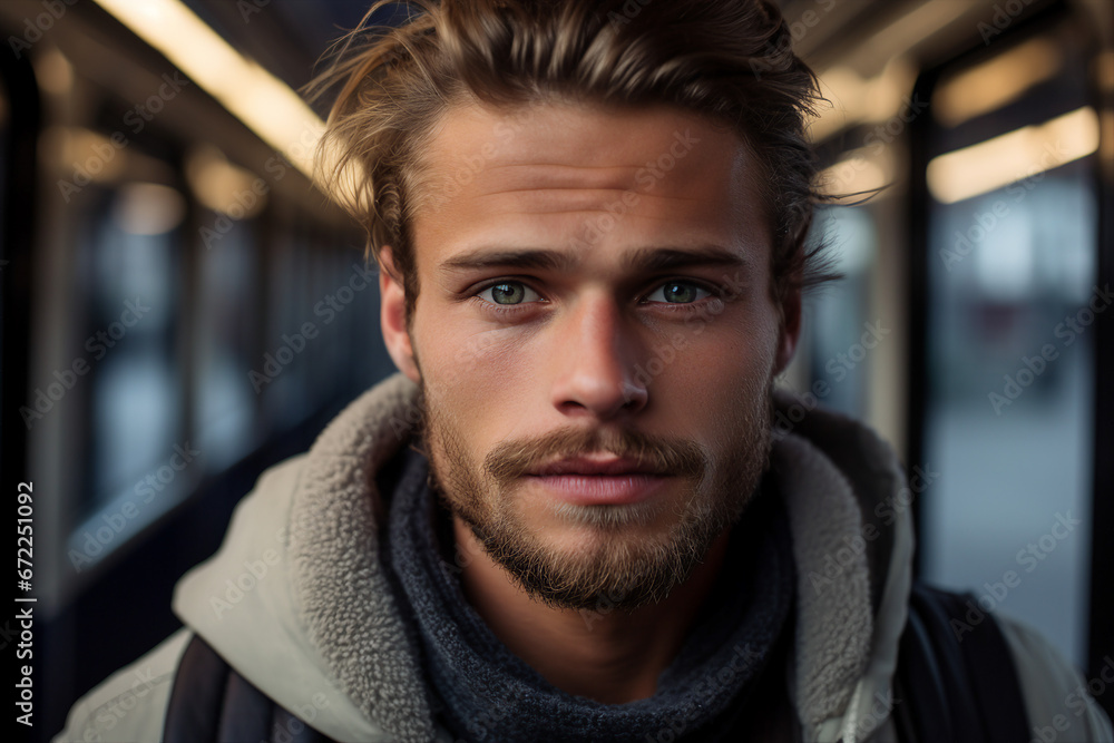 Generative AI portrait of traveler person using public transport have trip tourist subway train bus Generative AI portrait of traveler person using public transport have trip tourist subway train bus