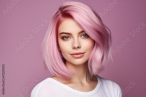 Generative ai picture of beautiful fashion model woman demonstrating perfect haircut pink stylish hair after salon photo