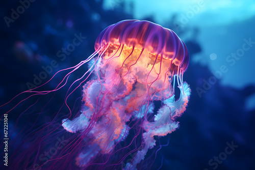 jelly fish in the water, Portrait of jellyfish macro Light, swimming colorful in blue sea ocean depth. © peekeedee