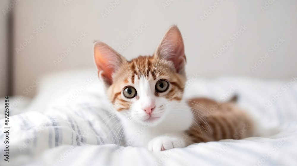 AI generated illustration of a cute kitten snuggling on a white blanketed bed AI generated illustration of a cute kitten snuggling on a white blanketed bed