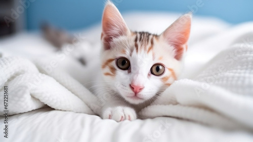 AI generated illustration of a cute kitten snuggling on a white blanketed bed
