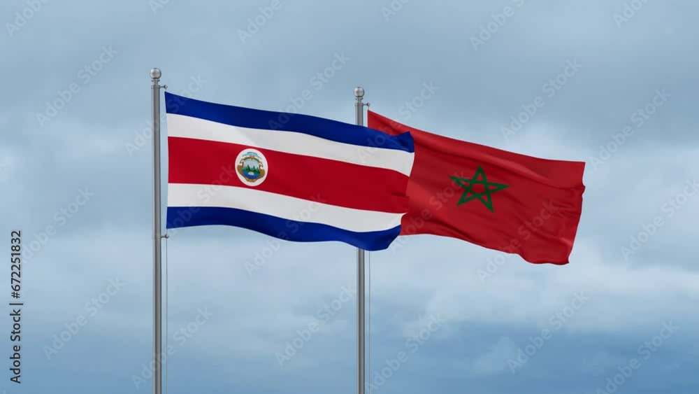 Morocco flag and Costa Rico flag waving together on cloudy sky, endless seamless loop, two country relations concept Morocco flag and Costa Rico flag waving together on cloudy sky, endless seamless loop, two country relations concept