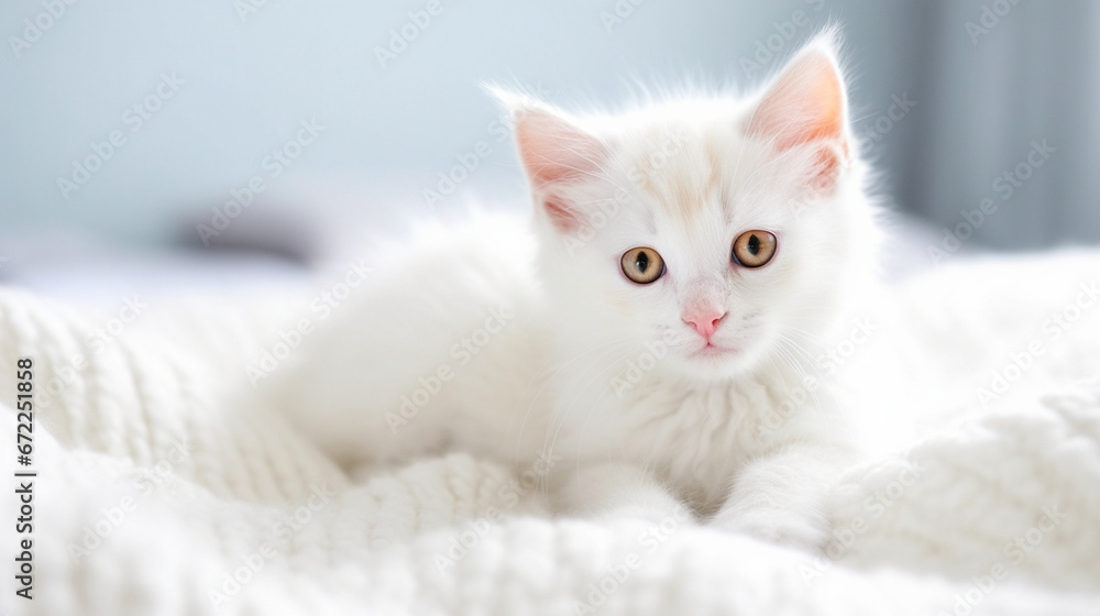 AI generated illustration of a cute kitten snuggling on a white blanketed bed