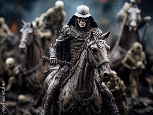 Black horseman skull of apocalypse riding black horse AI
