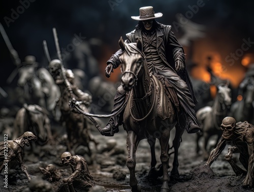 Black horseman skull of apocalypse riding black horse AI