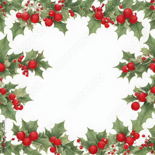 Christmas Holly branch with red berries Watercolor background. Watercolor berries set with ilex aquifolium leaves painted with watercolors on white background.