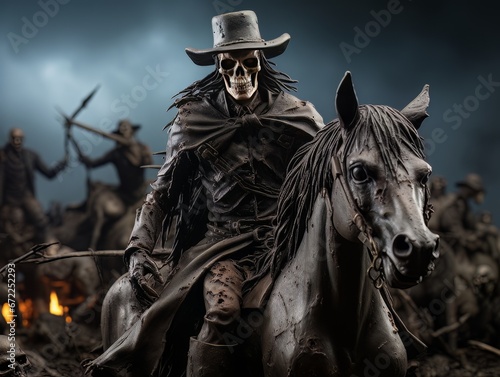 Black horseman skull of apocalypse riding black horse AI