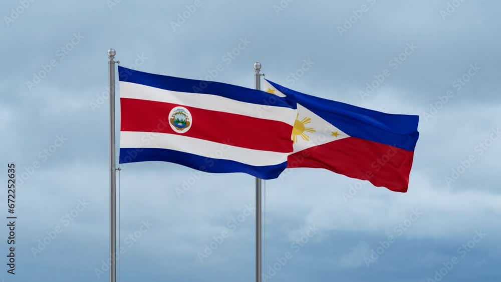 Philippines and Costa Rico flag waving together on cloudy sky, endless seamless loop, two country cooperation concept Philippines and Costa Rico flag waving together on cloudy sky, endless seamless loop, two country cooperation concept