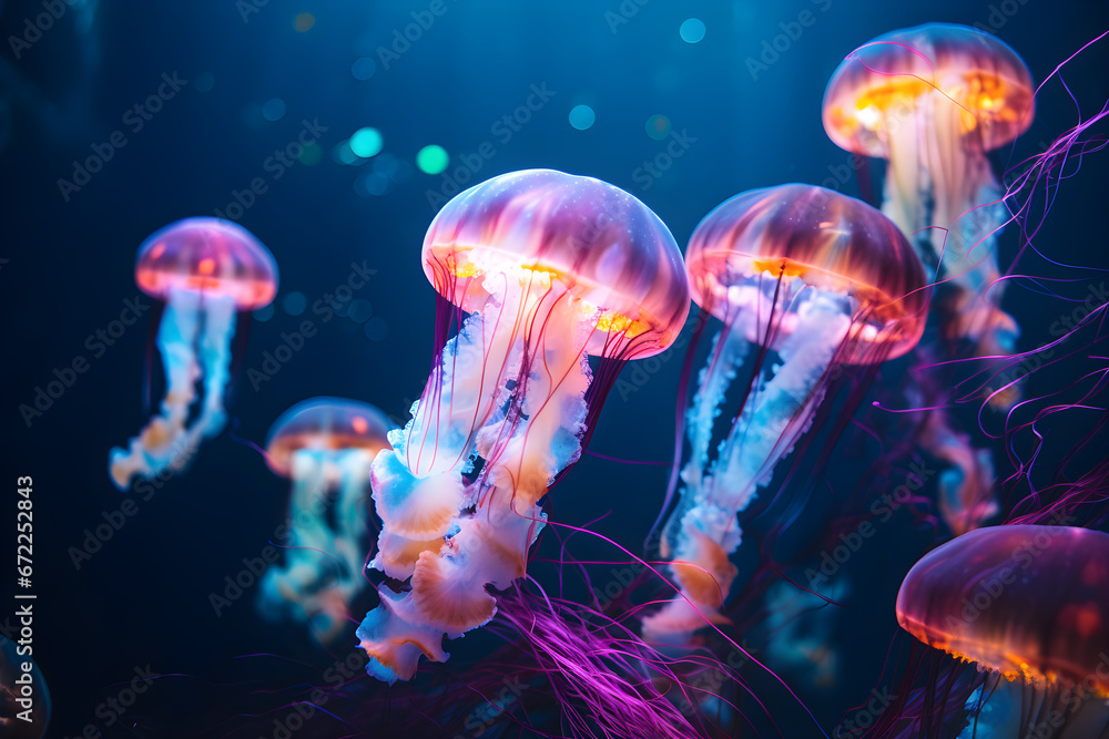 jelly fish in the water, Portrait of jellyfish macro Light, swimming colorful in blue sea ocean depth. jelly fish in the water, Portrait of jellyfish macro Light, swimming colorful in blue sea ocean depth.