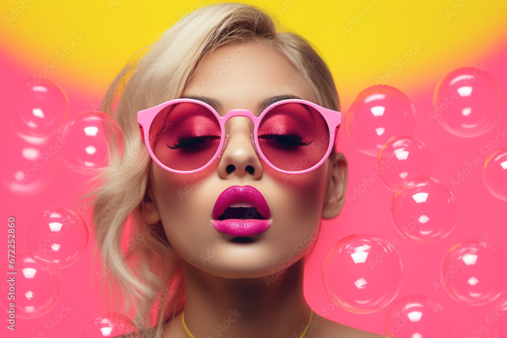 Fototapeta premium Fashion, make-up, style concept. Beautiful blonde woman with soap bubbles and sunglasses minimalist close-up studio portrait. Vivid colors, pop-art style