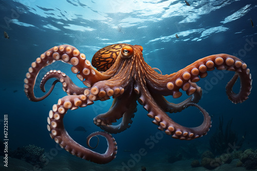 The enormous Pacific octopus, scientifically referred to as Enteroctopus dofleini, or previously Octopus apollyon, is commonly known as the North Pacific giant octopus. Generative AI. © Surachetsh