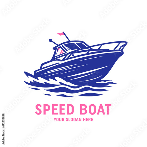 Speed Boat Clipart with sea waves vector Logo illustration isolated