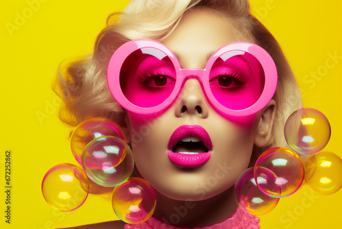 Fashion  make-up  style concept. Beautiful blonde woman with soap bubbles and sunglasses minimalist close-up studio portrait. Vivid colors  pop-art style