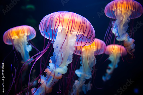 jelly fish in the water, Portrait of jellyfish macro Light, swimming colorful in blue sea ocean depth. © peekeedee