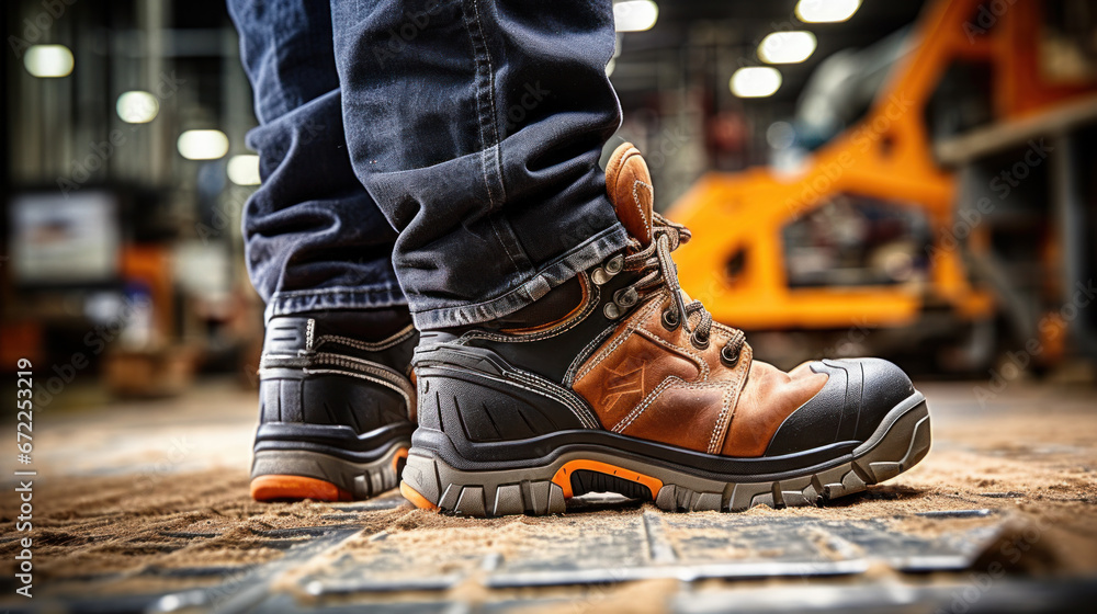 Close-up safety working shoe on a worker feet is standing at the factory, ready for working in danger workplace concept. Industrial working scene and safety equipment. Close-up safety working shoe on a worker feet is standing at the factory, ready for working in danger workplace concept. Industrial working scene and safety equipment.
