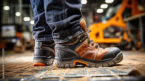 Close-up safety working shoe on a worker feet is standing at the factory, ready for working in danger workplace concept. Industrial working scene and safety equipment. © PaulShlykov