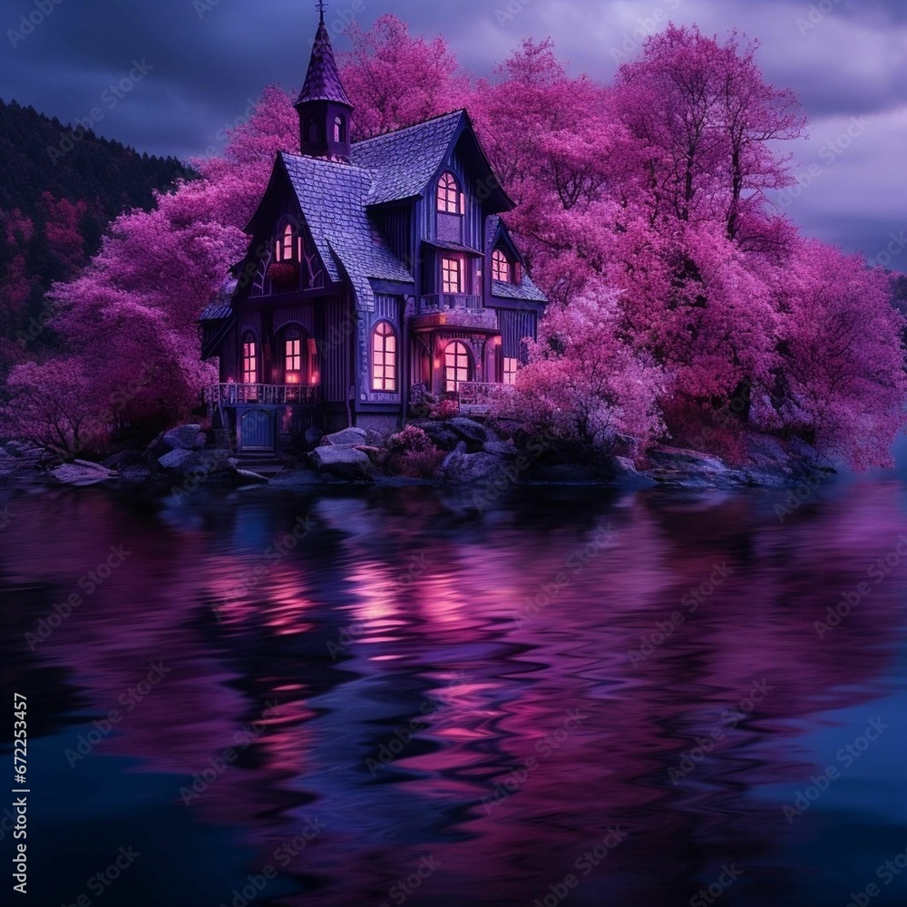 AI generated illustration of a wooden cabin on shore of a lake at purple sunset