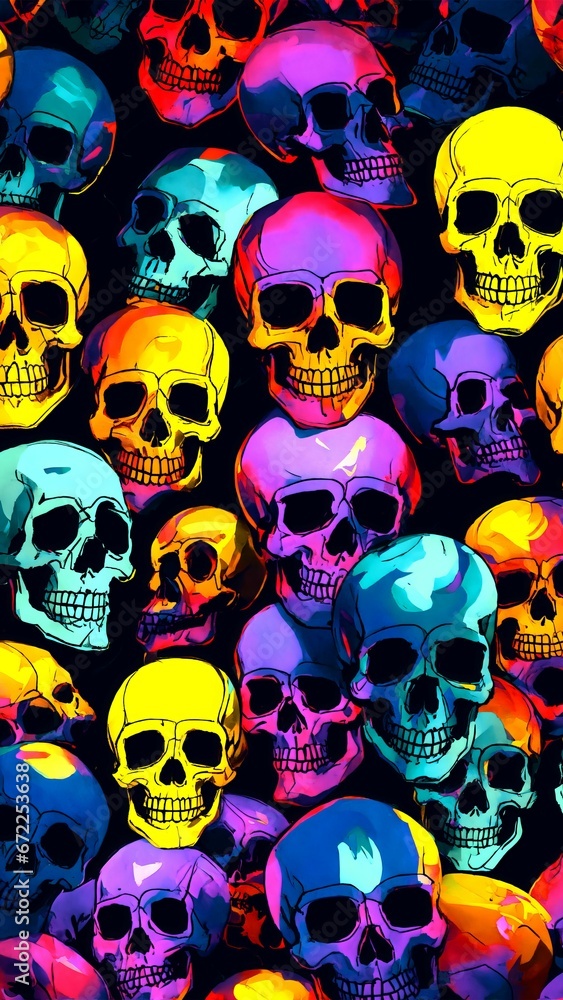 AI generated illustration of brightly coloured skulls arranged against a dark background