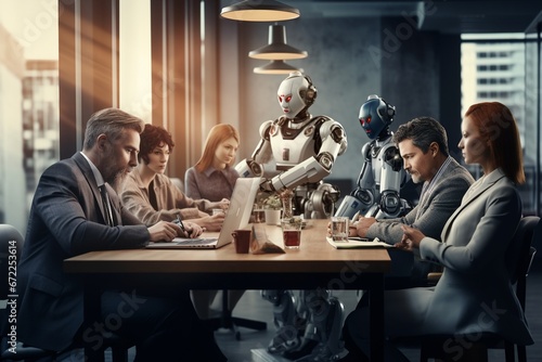 AI Robots Engaged in Office Meeting and Work on Laptops