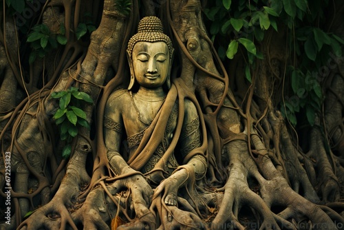 Ancient Buddha Statue Beneath a Towering Tree