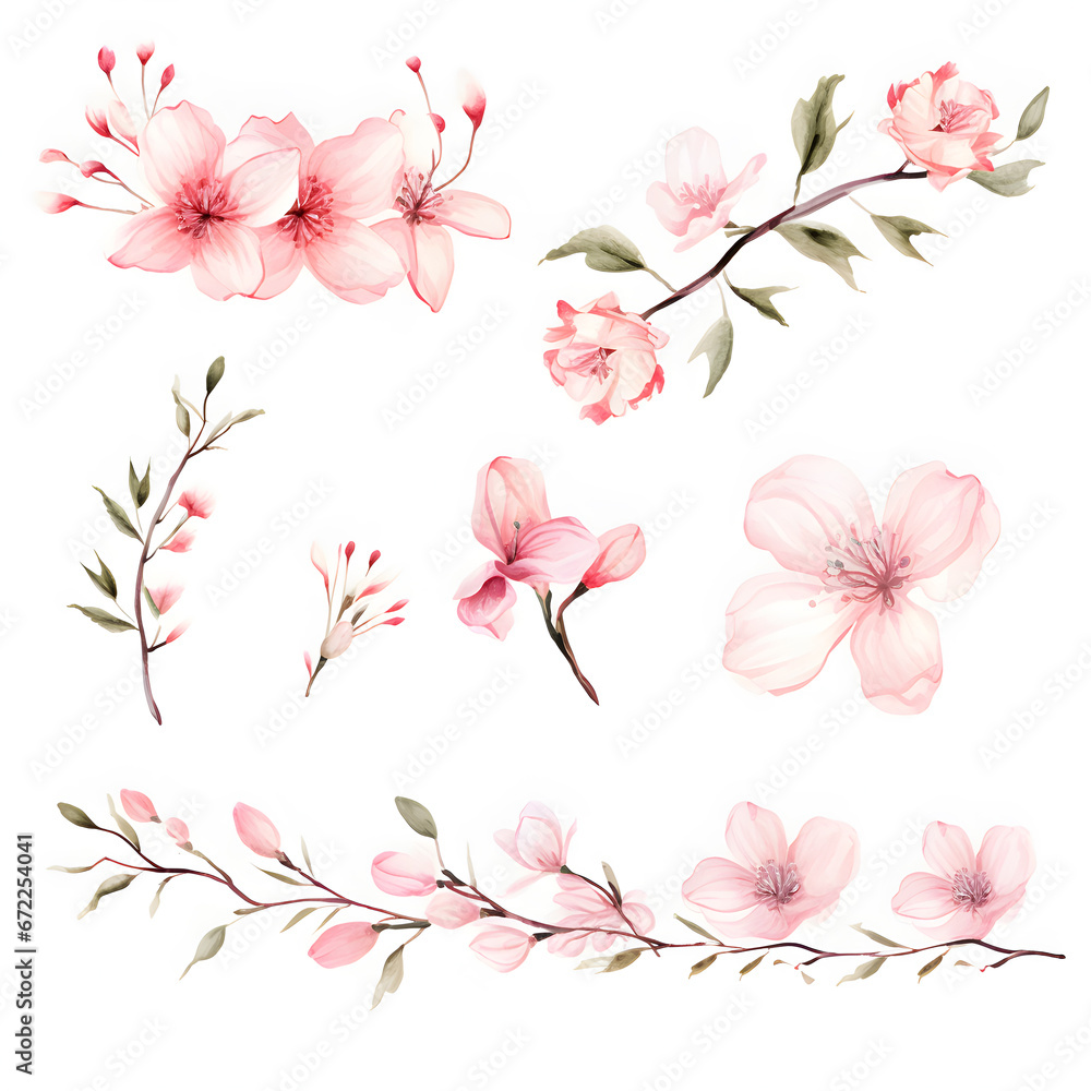 Obraz premium Watercolor floral sakura, watercolor pink flowers on white background.