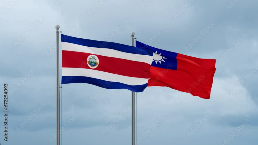 Taiwan and Costa Rico flag waving together on cloudy sky, endless seamless loop, two country cooperation concept Taiwan and Costa Rico flag waving together on cloudy sky, endless seamless loop, two country cooperation concept