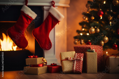 Festive Stockings: Christmas Socks with Gifts and Candles by the Tree