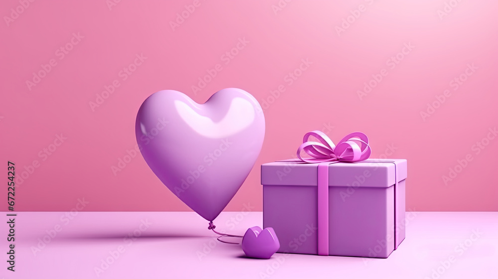  a heart shaped balloon sitting next to a gift box with a pink bow.  generative ai