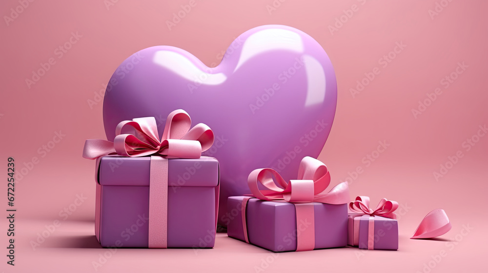  a heart shaped box with a bow and two presents in front of it.  generative ai
