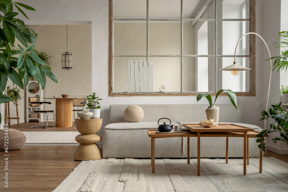 Open space interior with modular sofa, wooden coffee table, big window, beige rug, round pillow, stylish table, lamp, plants, vase with leaves and personal accessories. Home decor. Template. Open space interior with modular sofa, wooden coffee table, big window, beige rug, round pillow, stylish table, lamp, plants, vase with leaves and personal accessories. Home decor. Template.