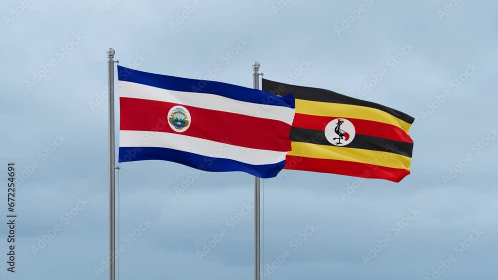 Republic of Uganda and Costa Rico flag waving together on cloudy sky, endless seamless loop, two country cooperation concept Republic of Uganda and Costa Rico flag waving together on cloudy sky, endless seamless loop, two country cooperation concept