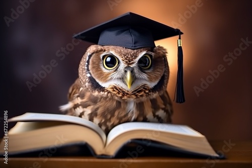 Close-Up: Owl Wearing Graduation Cap Studying in Library, Education and Knowledge Concept