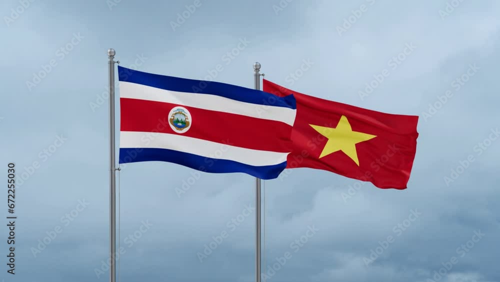 Vietnam and Costa Rico flag waving together on cloudy sky, endless seamless loop Vietnam and Costa Rico flag waving together on cloudy sky, endless seamless loop