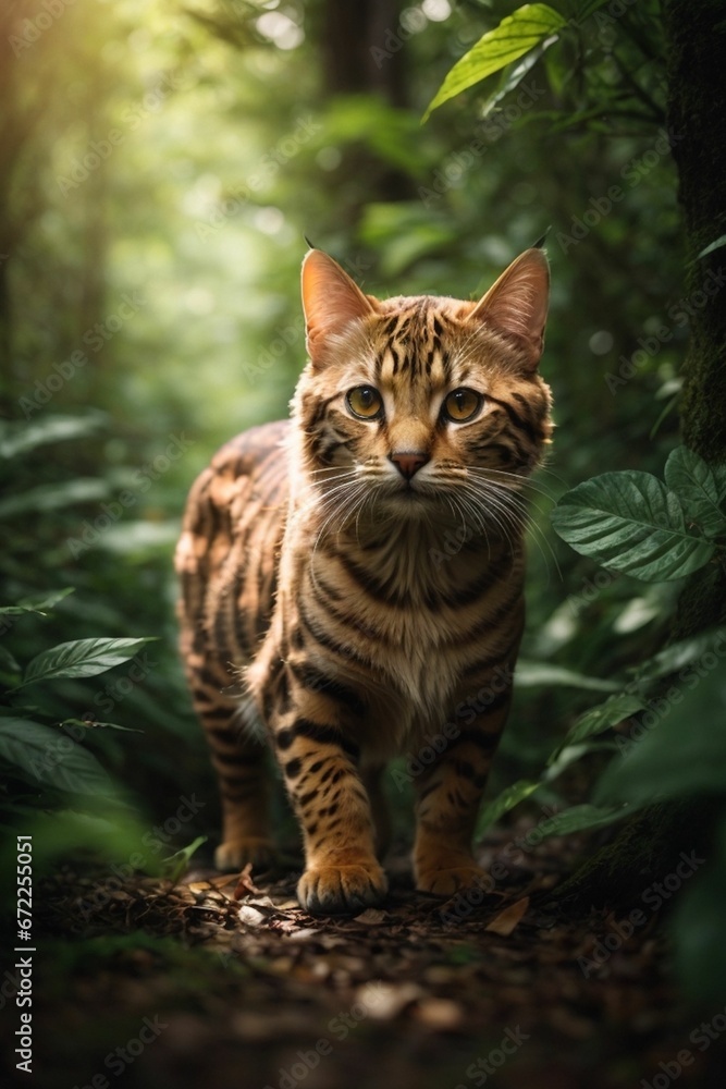 AI generated illustration of A striped tabby cat leisurely walking through a serene woodland area