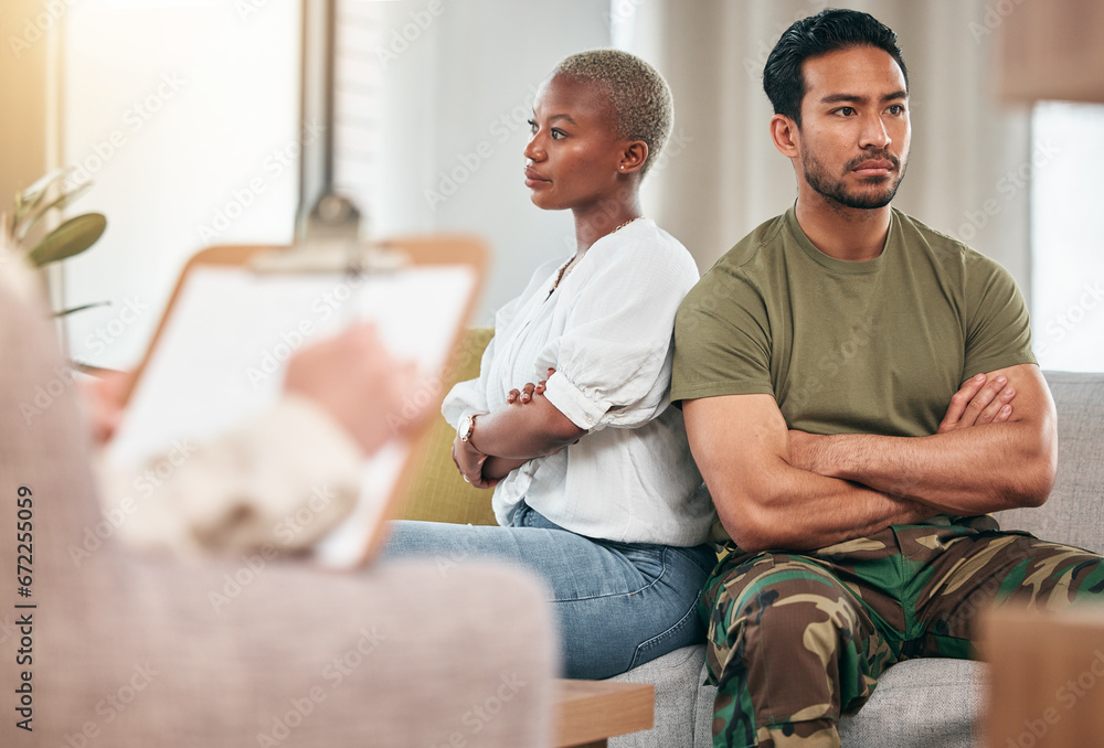 Obraz premium Anger, therapy and a couple in counseling for marriage, psychologist help and veteran analysis. Army, interracial divorce and a man and woman in a therapist consultation for relationship problem