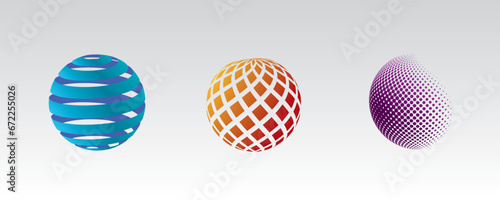 Set of three 3D sphere globe high technology digital network. vector logo design template.