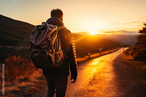 Close-Up: Backpack-Wearing Tourist Walking Toward Sunrise on the Road