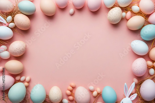 colorful bunny eggs arrangement on pink background
