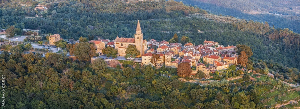 Drone panorama over the historic artists' town of Groznjan in central Istria at sunset