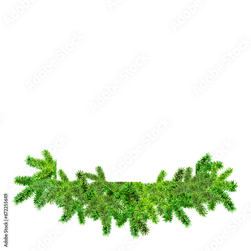 Watercolor border of fir paws. Bottom of banner. Christmas composition of crossed branches of bright green pine