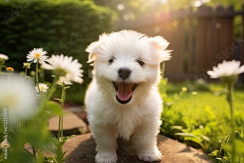 appy funny face cute puppy playing in garden