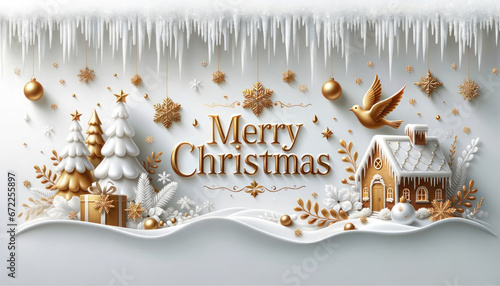 White and Gold Winter Banner Card with Christmas Village and Trees